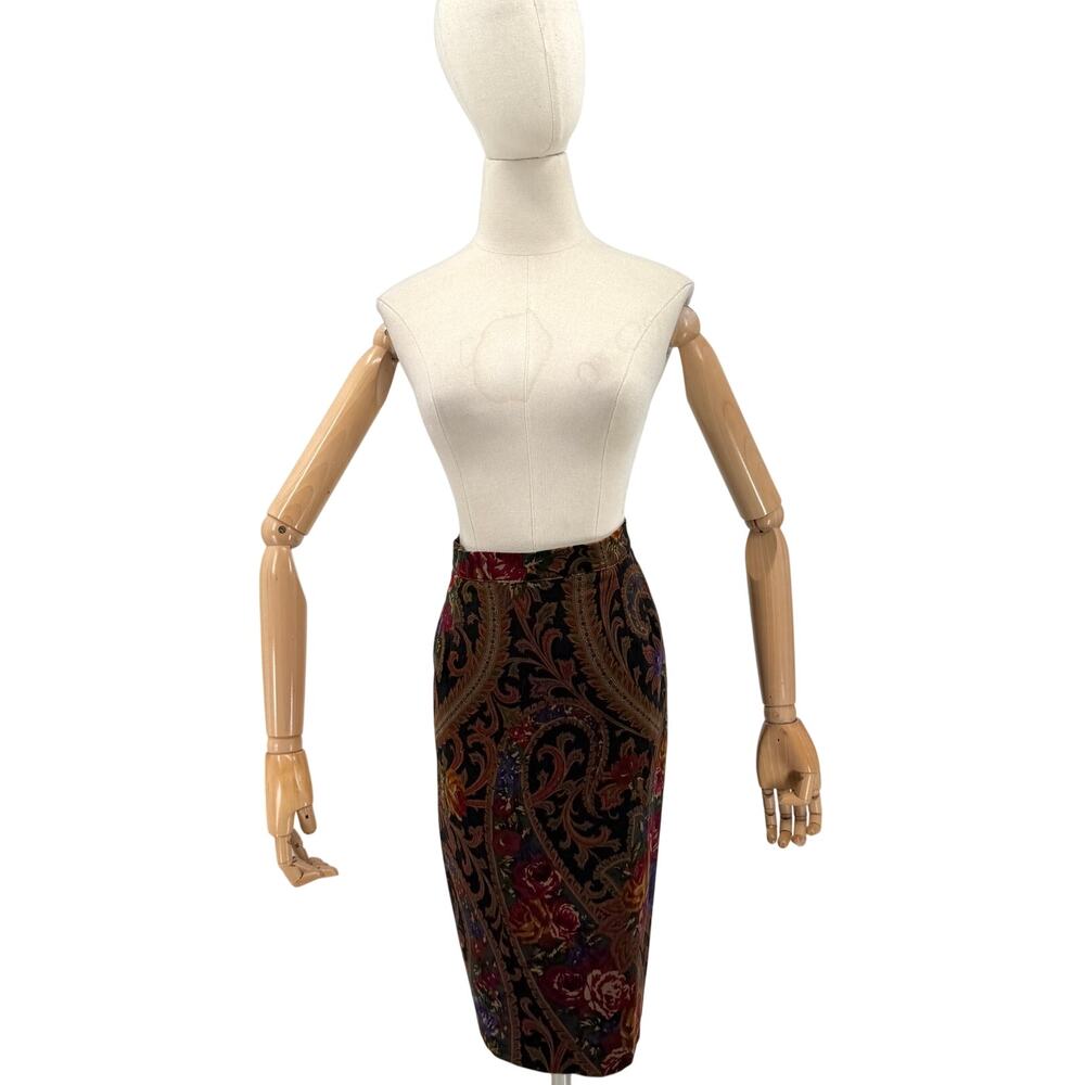 Vintage 90s Janine Black Red Ornate Baroque Floral Velvet Pencil Skirt